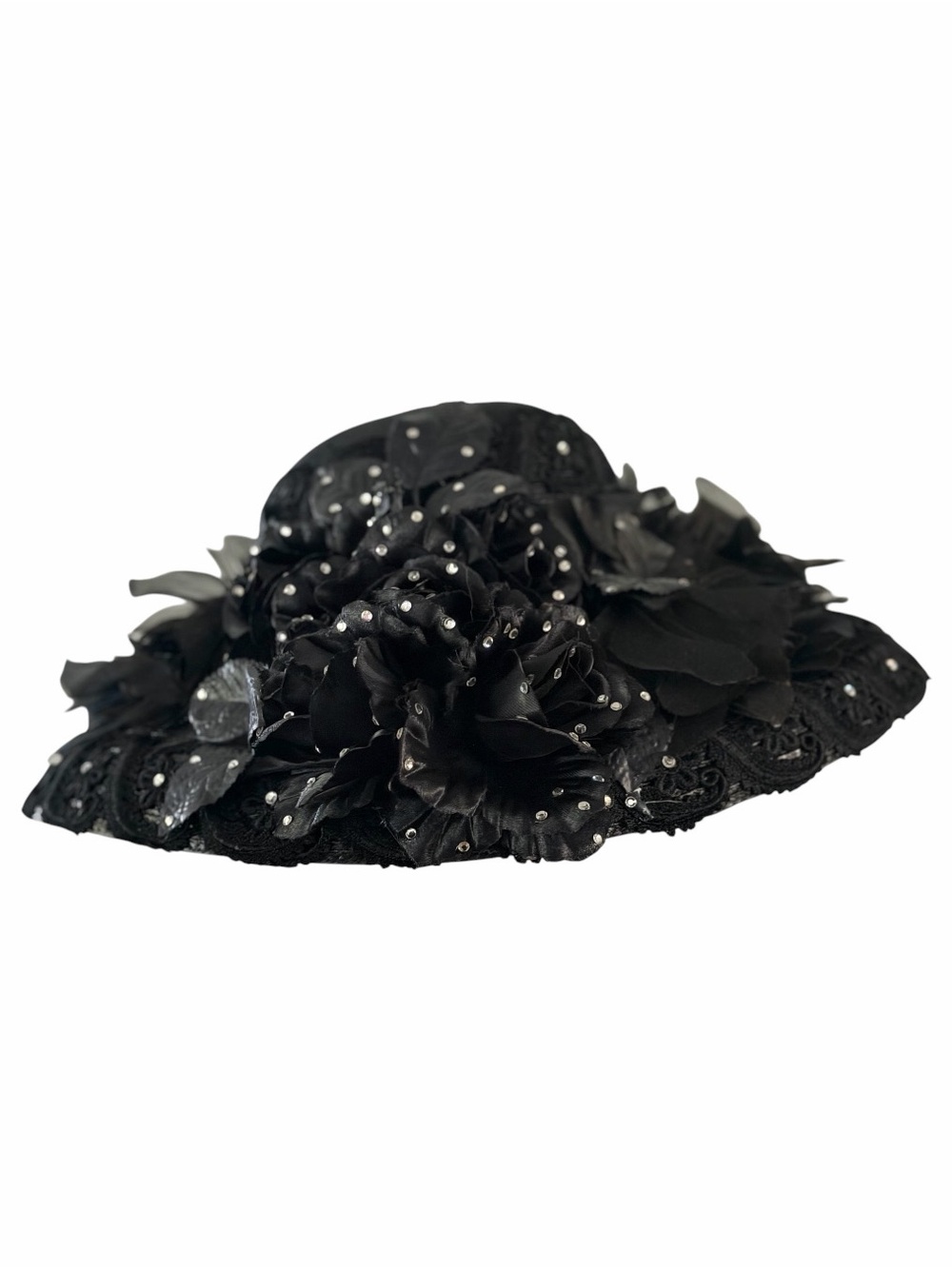 Unbranded Black Floral Straw Wide Brim Hat with Rhinestones